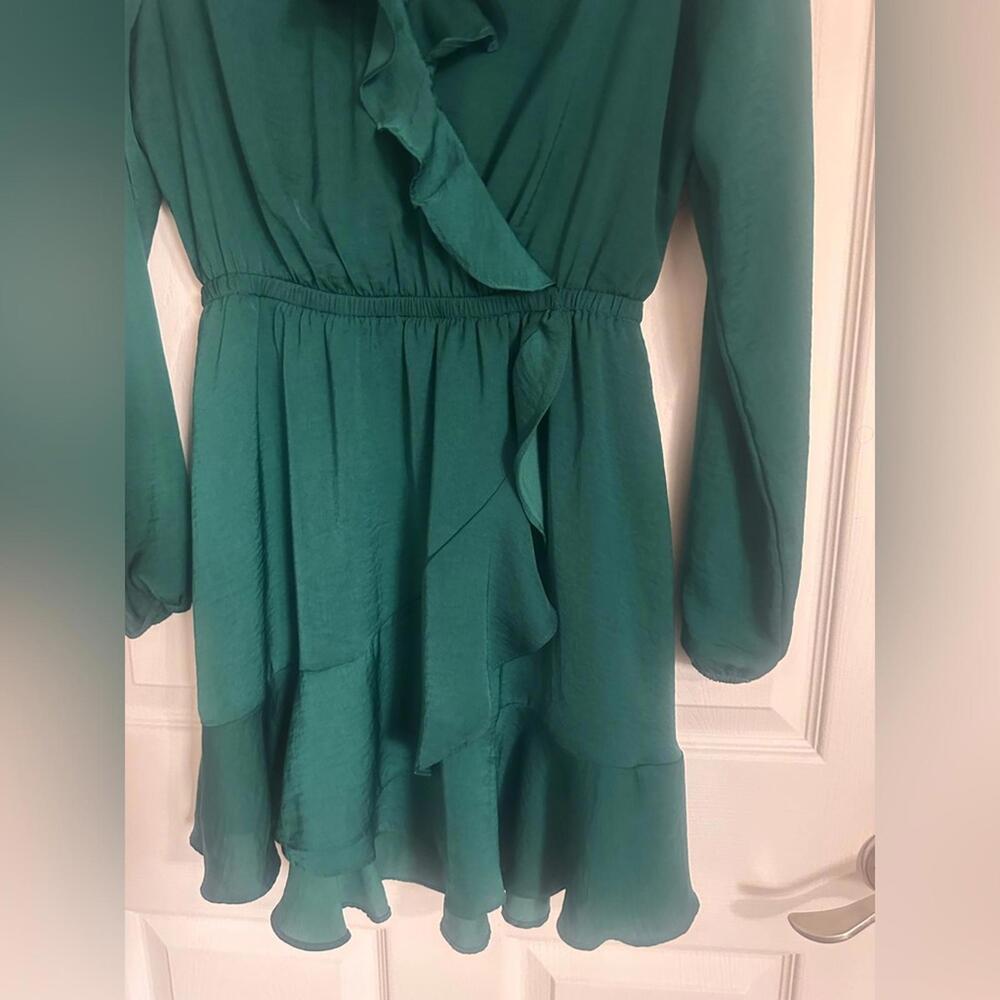 Express Green Long Sleeve Faux Wrap Ruffle Dress - Picture 2 of 4